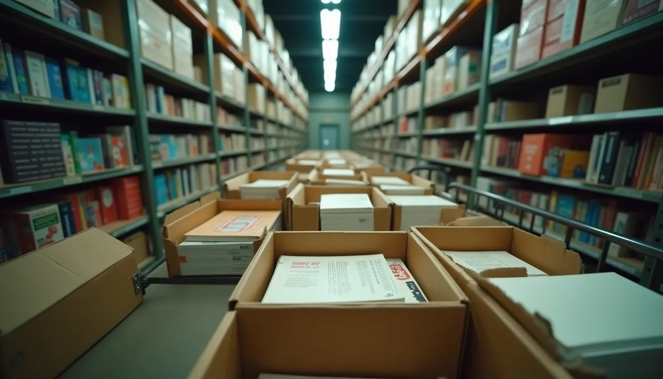 Cartons de livres invendus dans la réserve d'une librairie