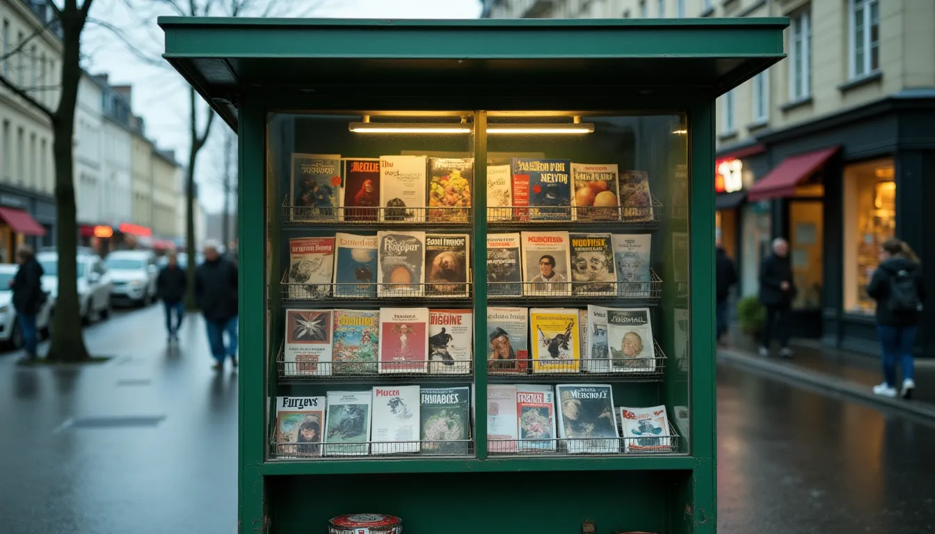 Kiosque à journaux parisien avec ses présentoirs de magazines
