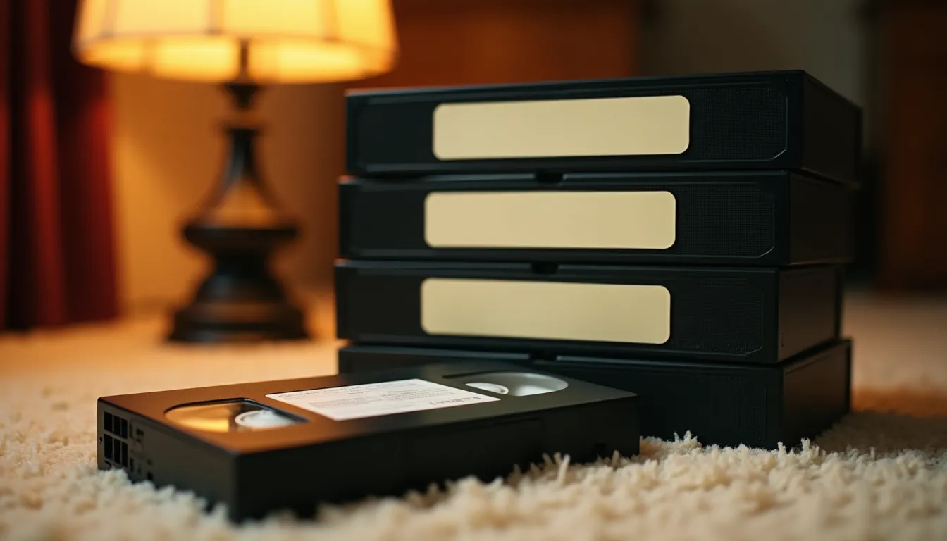 Cassettes VHS empilées sur une moquette, éclairées par une lampe de salon