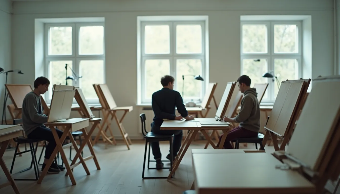 Salle de cours d'une école d'art avec des tables à dessin inclinées
