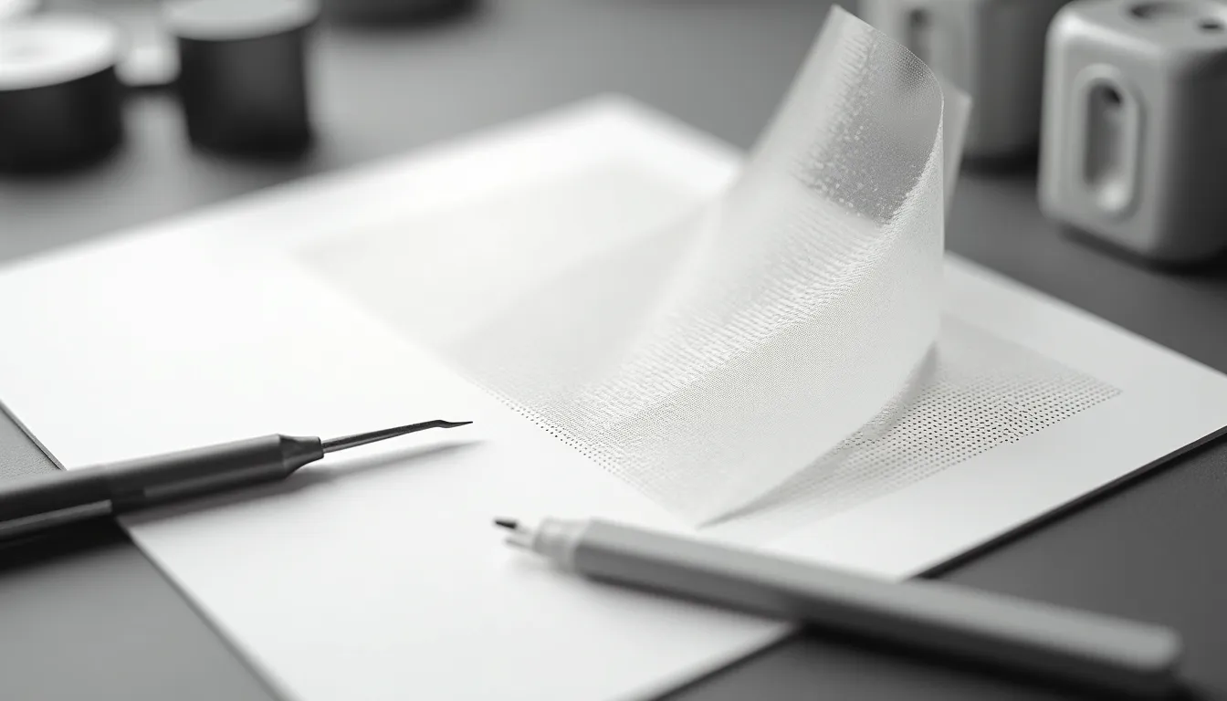 Feuilles de trames adhésives et scalpel sur une planche blanche